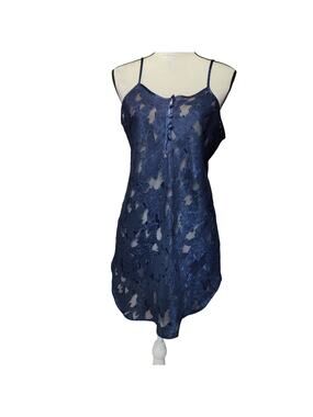 Vintage 90s Inner Most Sz S Sheer Burnout Slip Dress Navy Blue Leaf Pattern